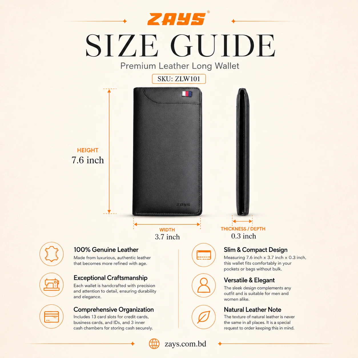 Zays Ultra-Thin Genuine Leather Long Wallet Slim, Durable with Multiple Pockets - W116 - Image 3