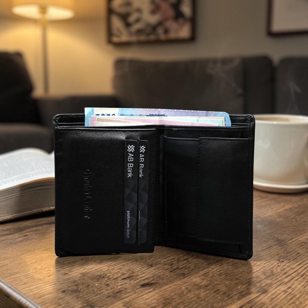 Zays Handcrafted Oil Pull Up Premium Leather Bifold Short Wallet (SW115-Black)