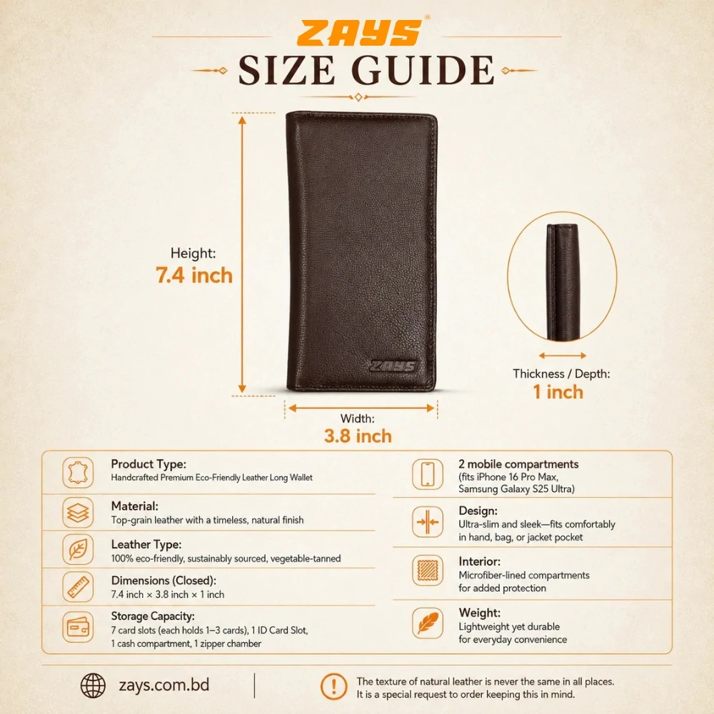 Zays Handcrafted Premium Eco-Friendly Leather Long Wallet for Mobile and Many things - W108 - Image 6