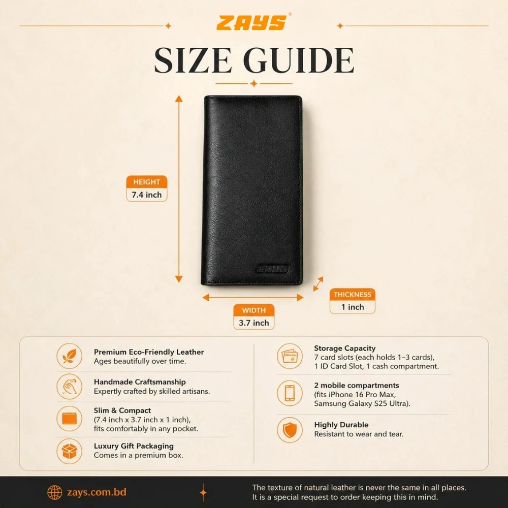 Zays Handcrafted Premium Eco-Friendly Leather Long Wallet for Mobile and Many things - W110 - Image 5