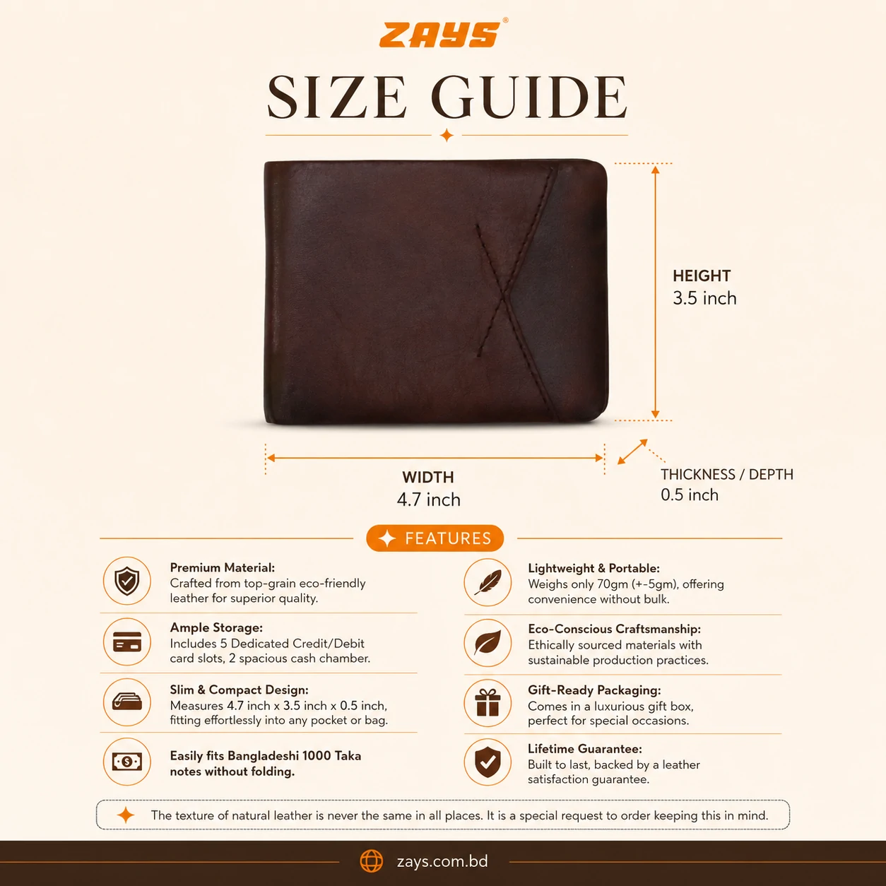 Zays Handcrafted Premium Leather Bifold Short Wallet - W112 - Image 5