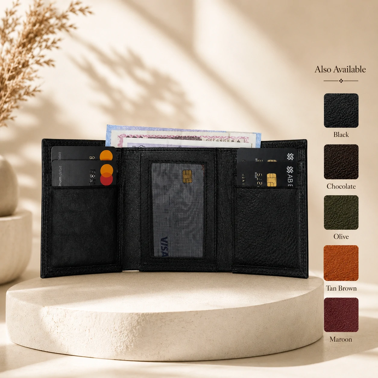 Zays Handcrafted Premium Leather Trifold Short Wallet - W113