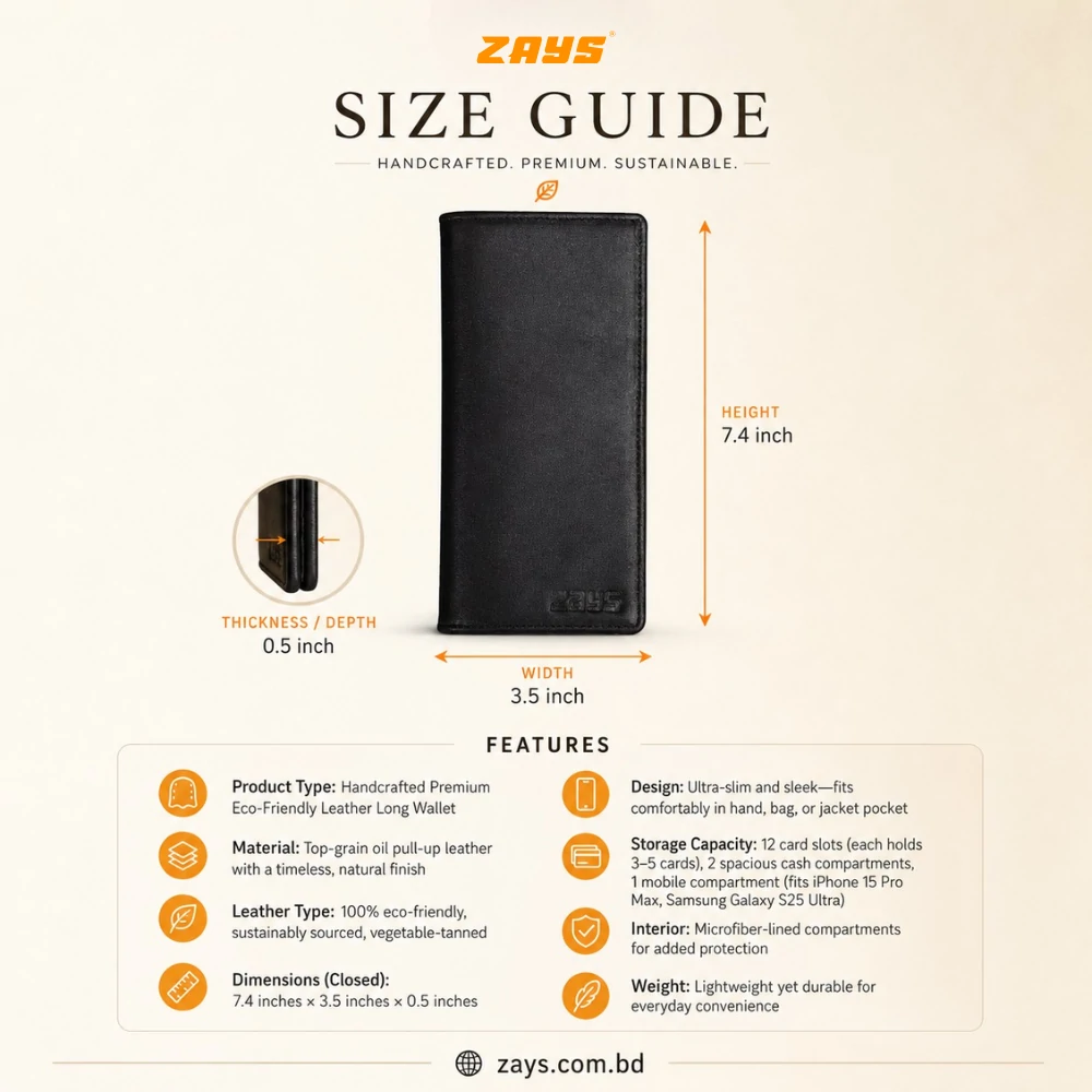 Zays Handcrafted Premium Eco-Friendly Leather Long Wallet for Mobile and Many things - W114 - Image 4