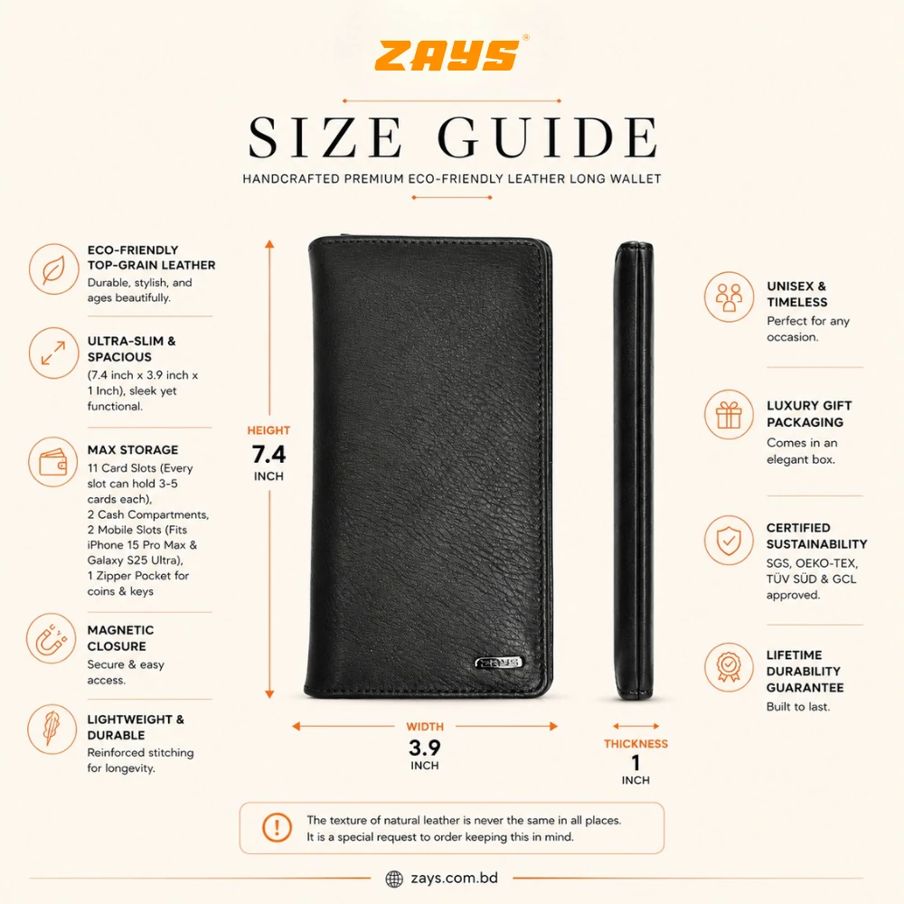 Zays Handcrafted Premium Eco-Friendly Leather Long Wallet for Mobile and Many things - W115 - Image 5