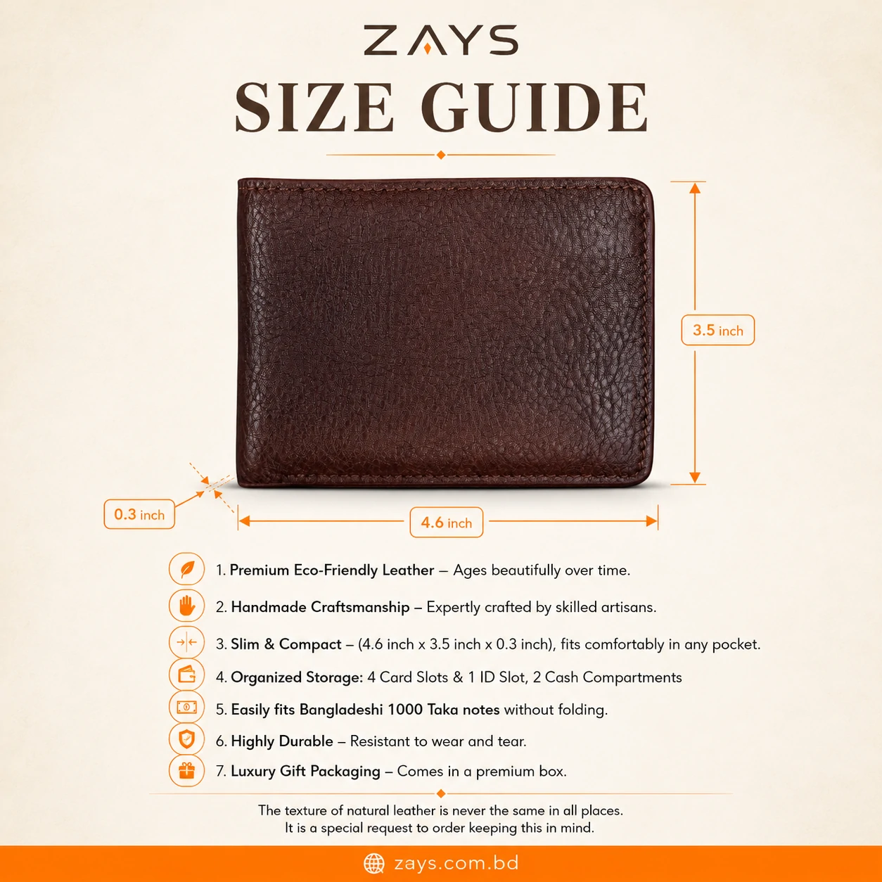 Zays Handcrafted Premium Leather Bifold Short Wallet - W123 - Image 3