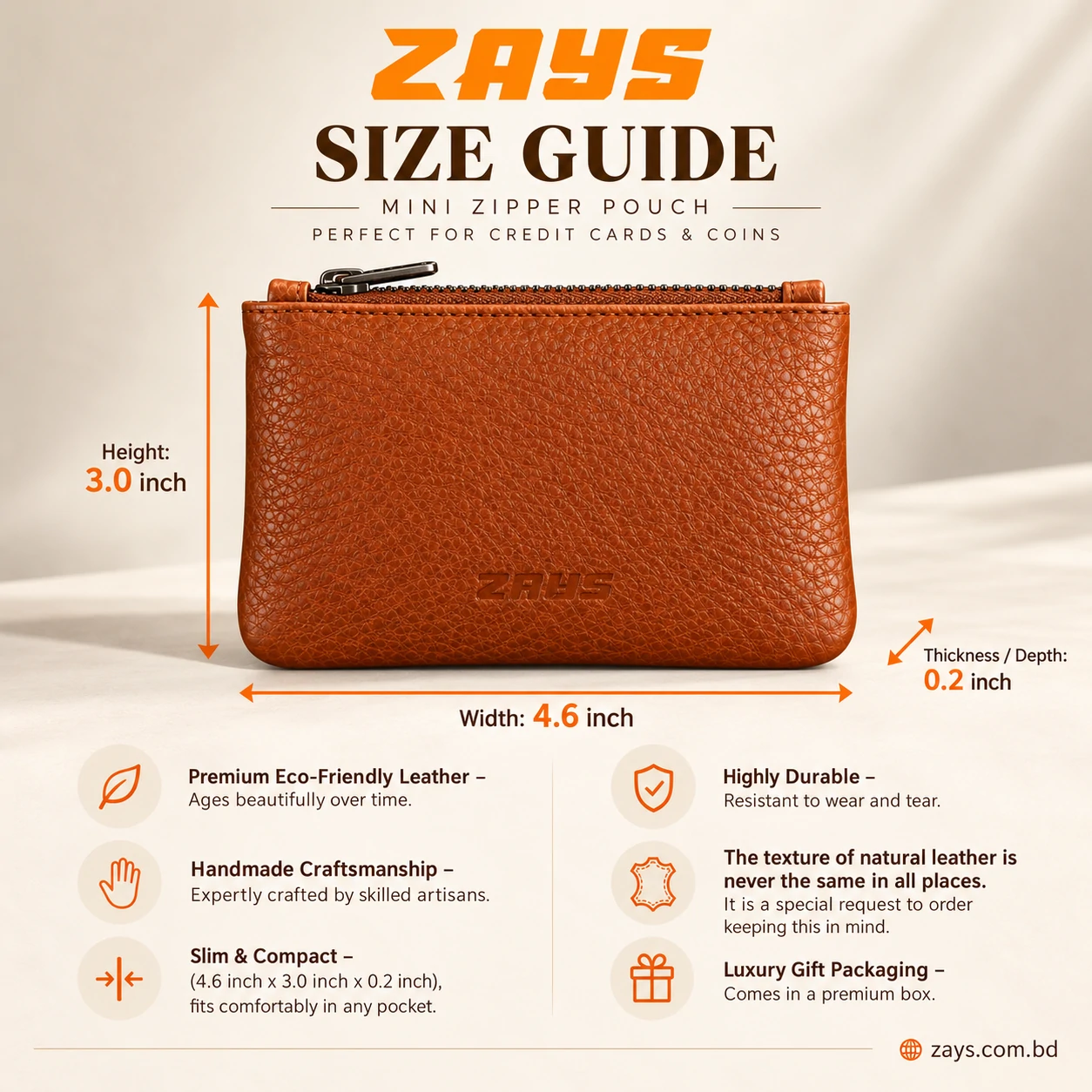 ZAYS Premium Genuine Leather Mini Zipper Pouch – Slim Card Holder & Coin Purse - LEW101 (Limited Edition) - Image 3