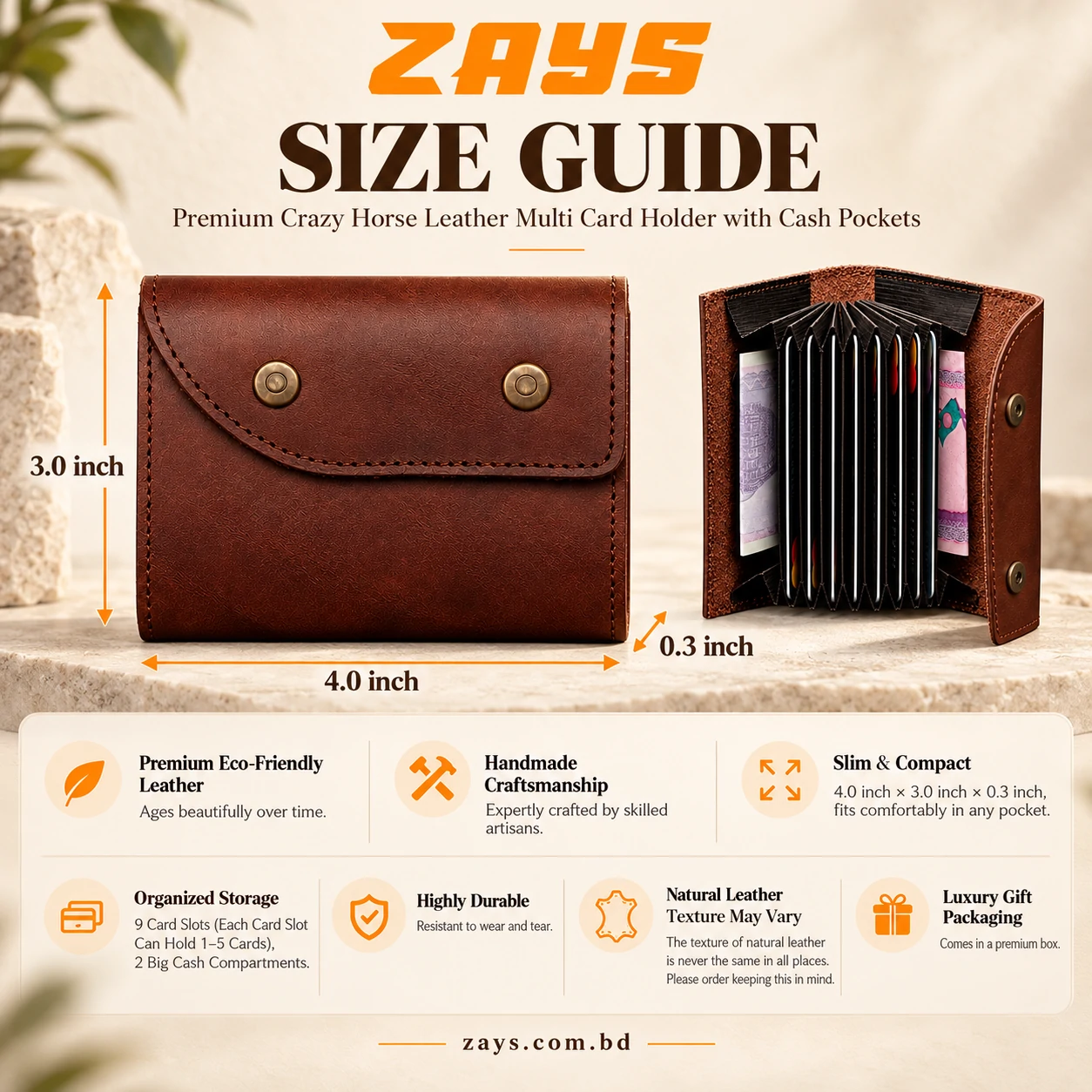 Zays Premium Crazy Horse Genuine Leather Card Holder – Multi-Card Wallet with Cash Pockets - LEW102 (Limited Edition) - Image 6