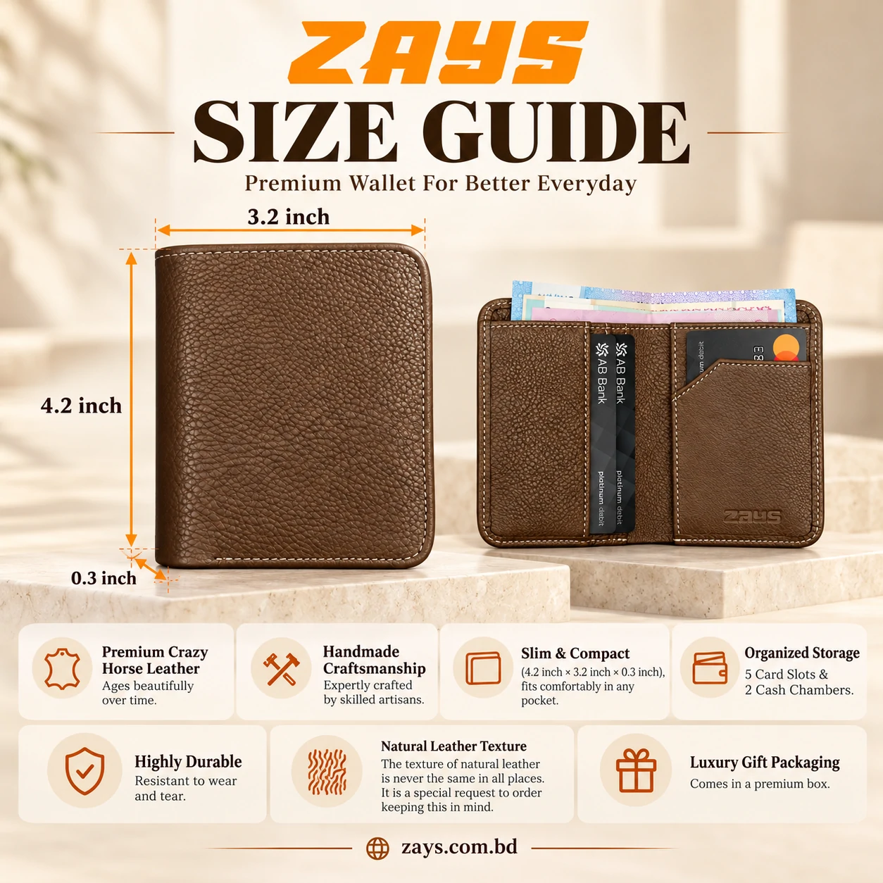 Zays Premium Genuine Leather Short Wallet for Men – Slim Bifold Wallet with Card Holder - LEW103 (Limited Edition) - Image 7