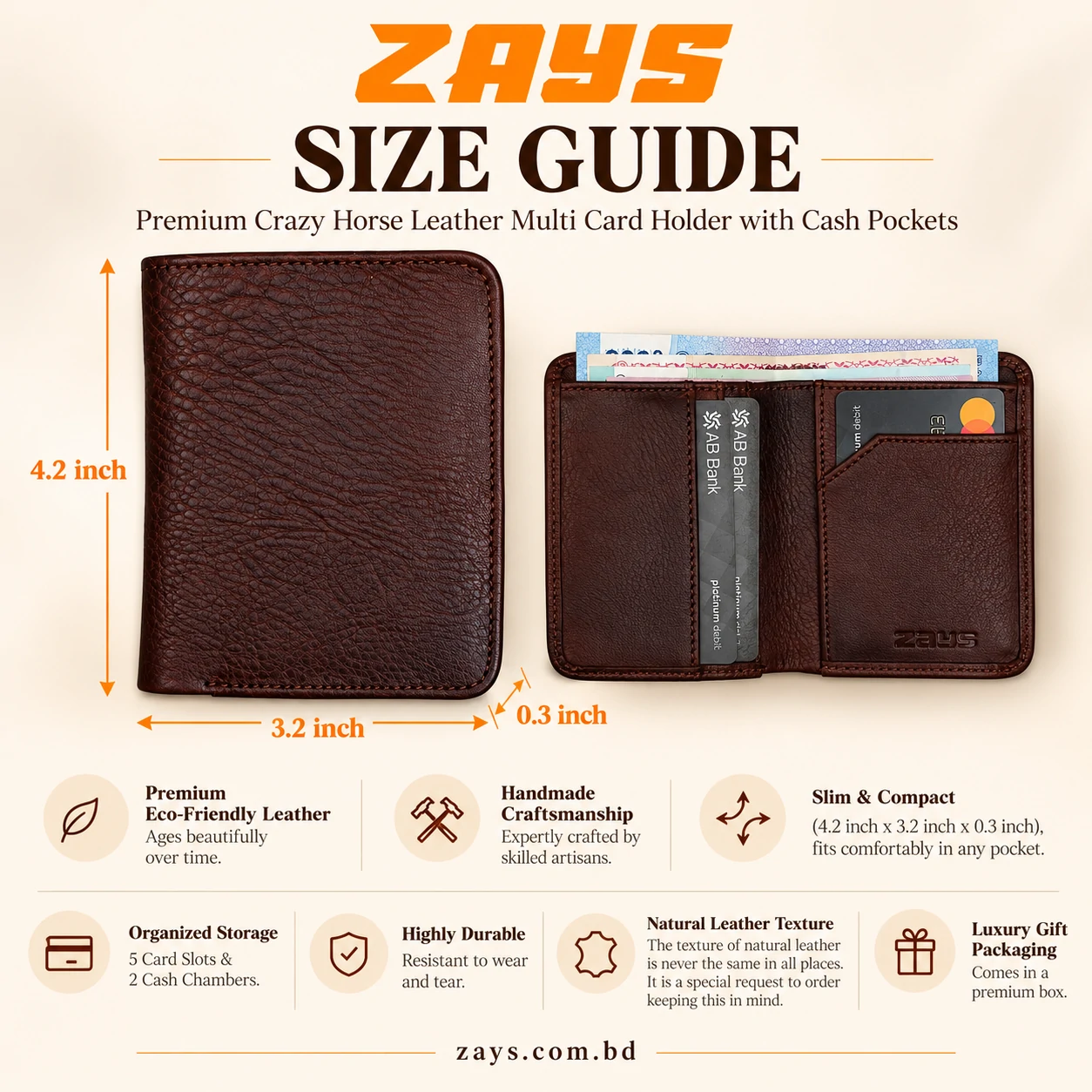Zays Premium Genuine Leather Short Wallet for Men – Slim Bifold Wallet with Card Holder - LEW104 (Limited Edition) - Image 5