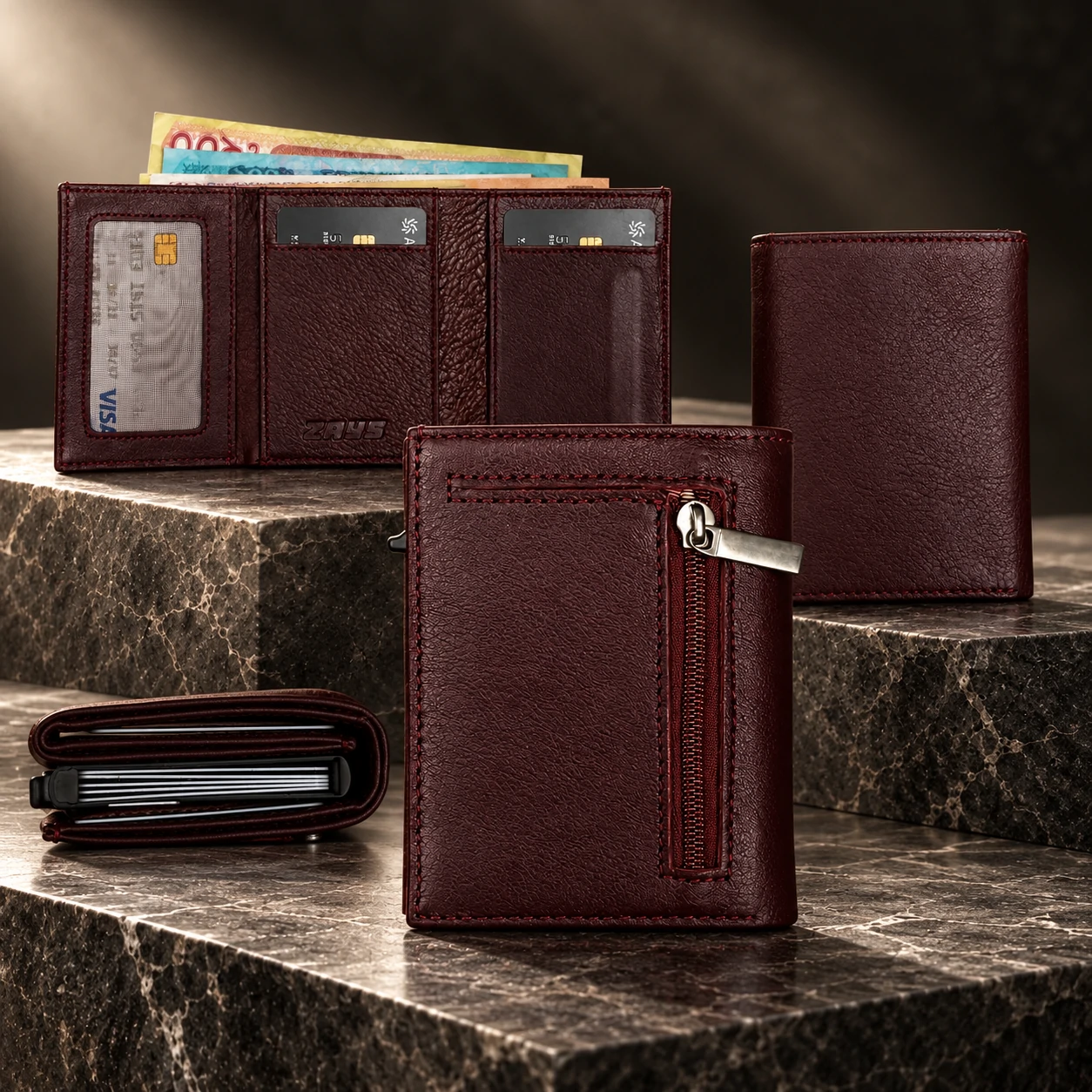 ZAYS Premium Genuine Leather Trifold Short Wallet for Men – Smart Card Holder with Zipper & Magnetic Closure – W128 - Image 14