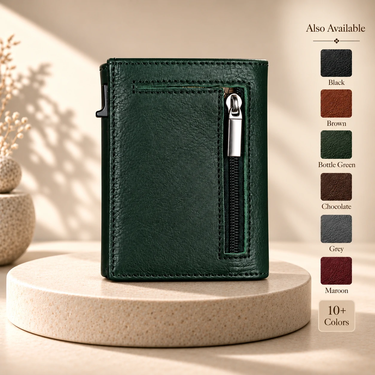ZAYS Premium Genuine Leather Trifold Short Wallet for Men – Smart Card Holder with Zipper & Magnetic Closure – W128