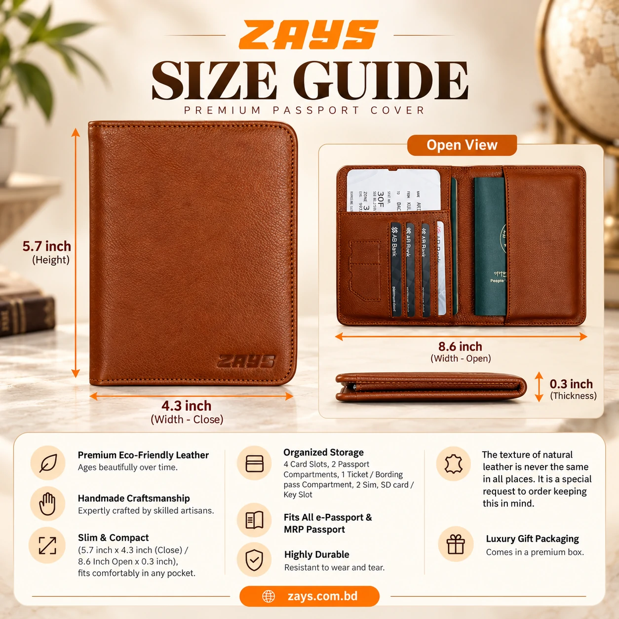ZAYS Premium Genuine Leather Passport Cover for Men & Women – e-Passport & MRP Travel Organizer - Image 9