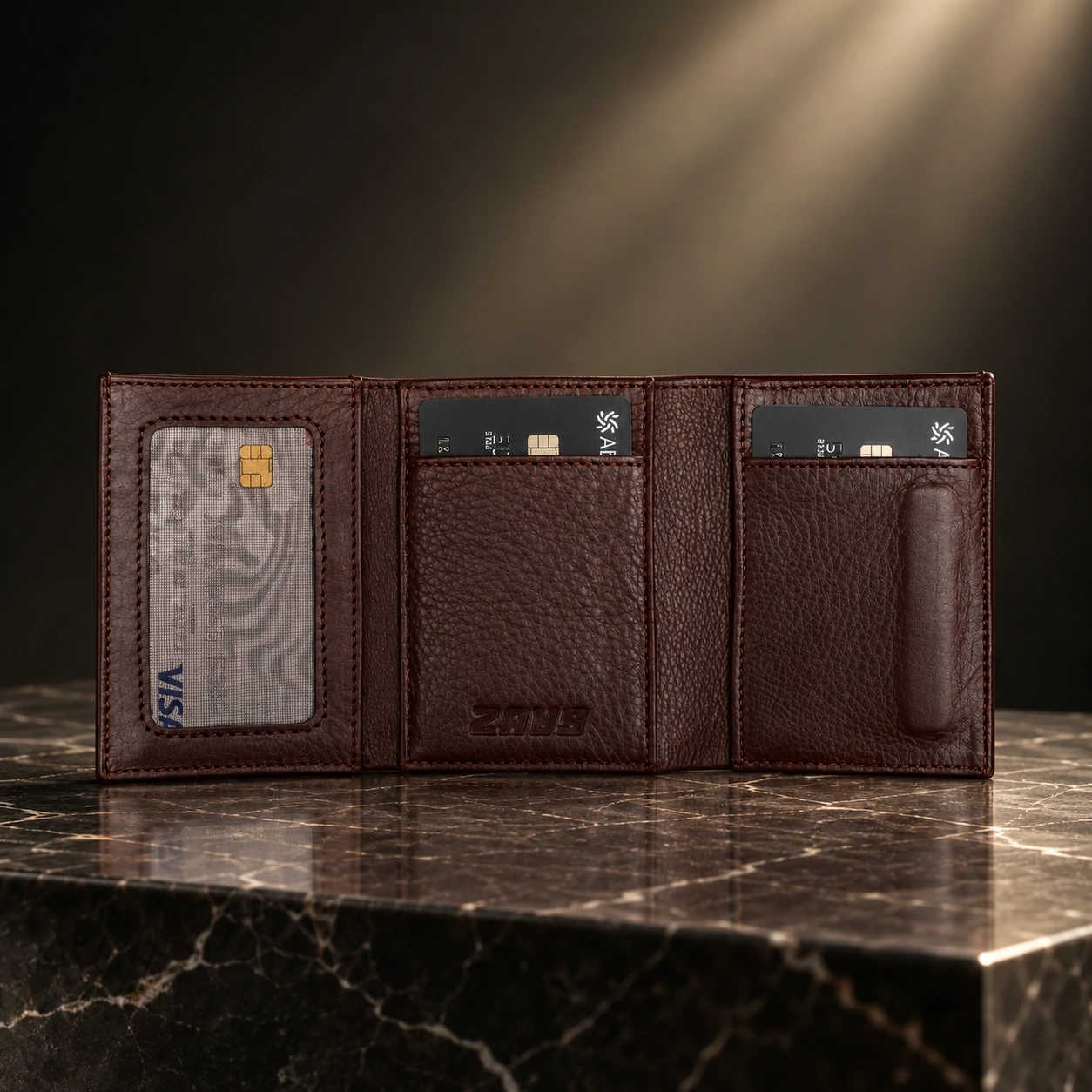 ZAYS Premium Genuine Leather Trifold Short Wallet for Men – Smart Card Holder with Zipper & Magnetic Closure – W128 - Image 6
