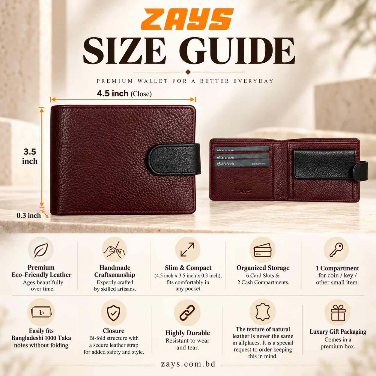 Zays Premium Genuine Leather Bifold Short Wallet for Men – Slim Wallet with Card Slots & Secure Strap Closure – W129 - Image 10