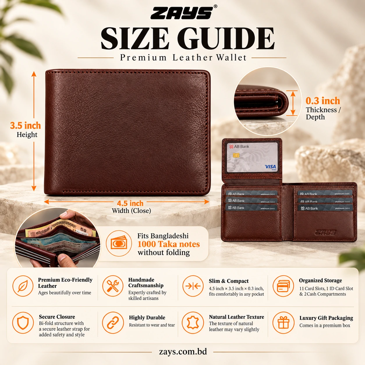Zays Premium Genuine Leather Bifold Short Wallet for Men – Slim Wallet with 11 Card Slots & ID Holder – W130 - Image 4