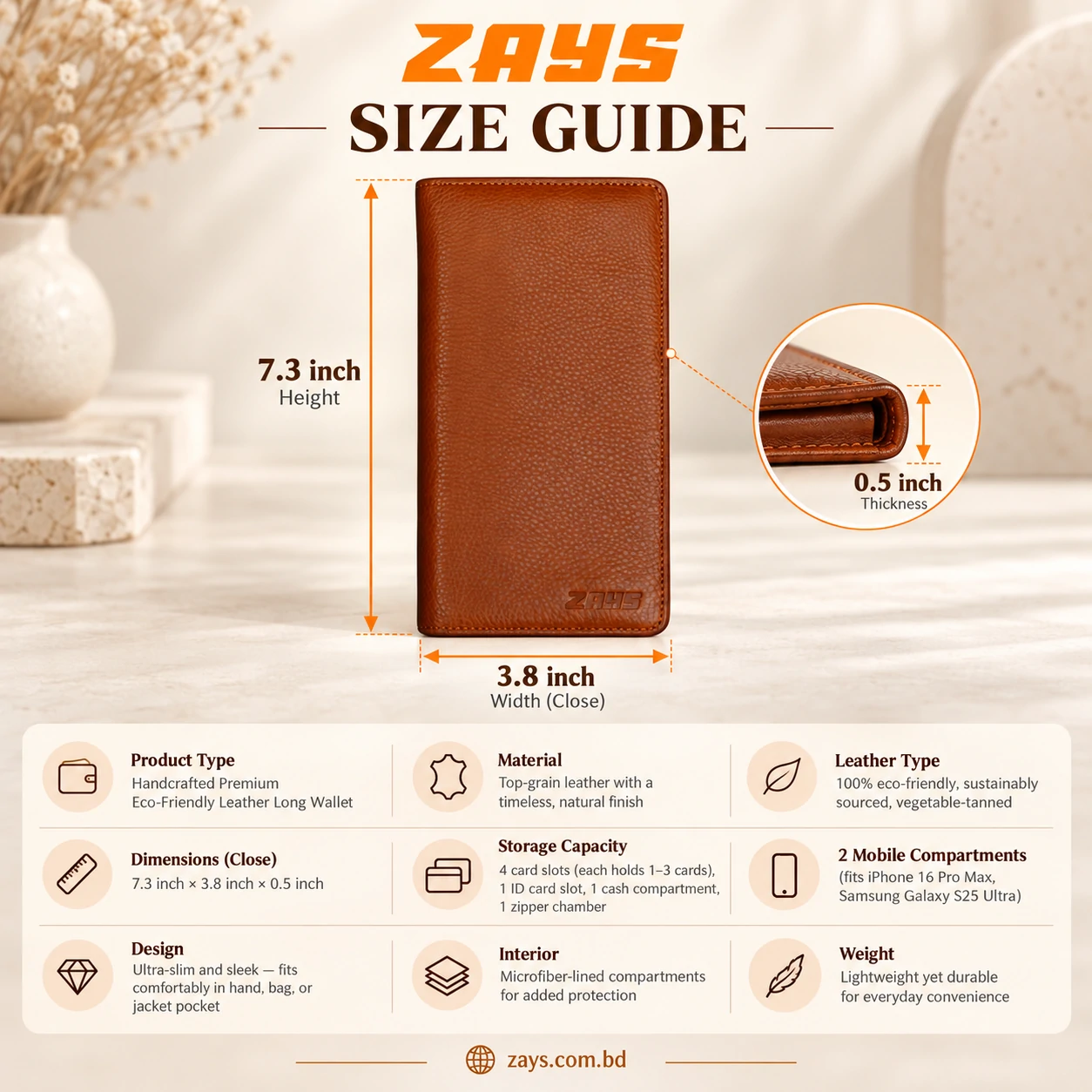 ZAYS Premium Genuine Leather Long Wallet for Men – Slim Mobile & Card Organizer - W126 - Image 5