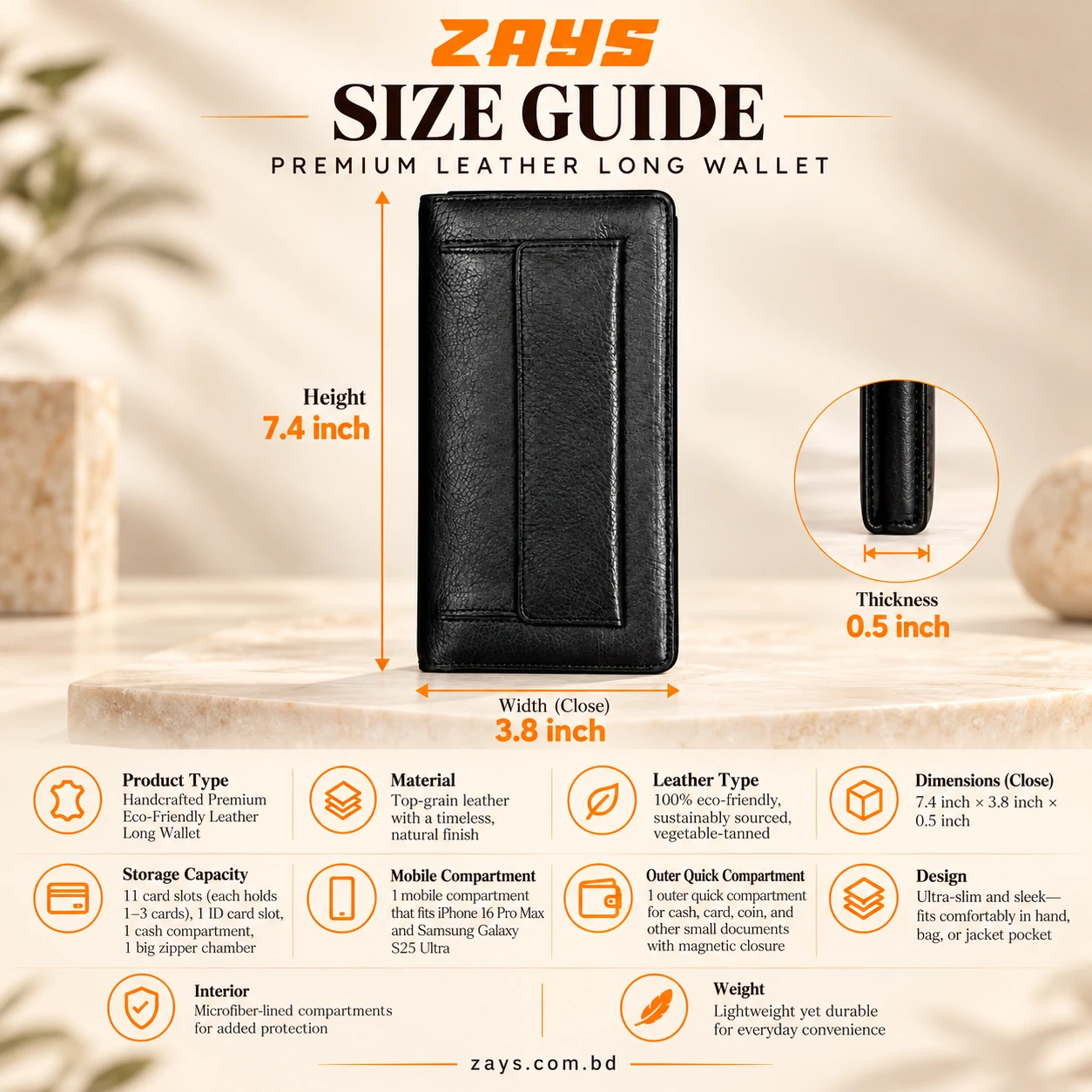 ZAYS Premium Genuine Leather Long Wallet for Men – Slim, Multi-Card & Mobile Organizer - W125 - Image 4