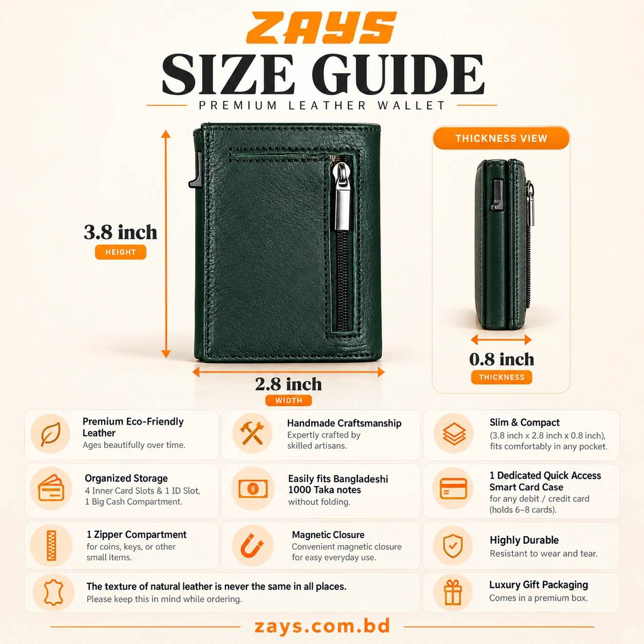 ZAYS Premium Genuine Leather Trifold Short Wallet for Men – Smart Card Holder with Zipper & Magnetic Closure – W128 - Image 8