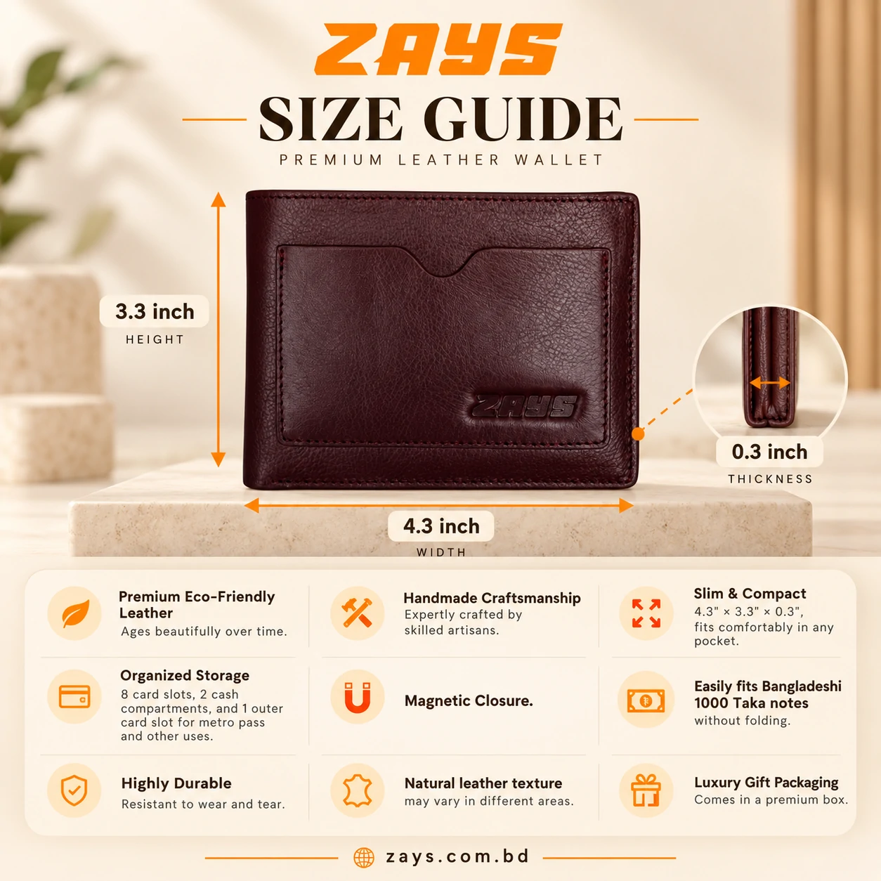 Zays Handcrafted Premium Leather Bifold Short Wallet – W124 - Image 3
