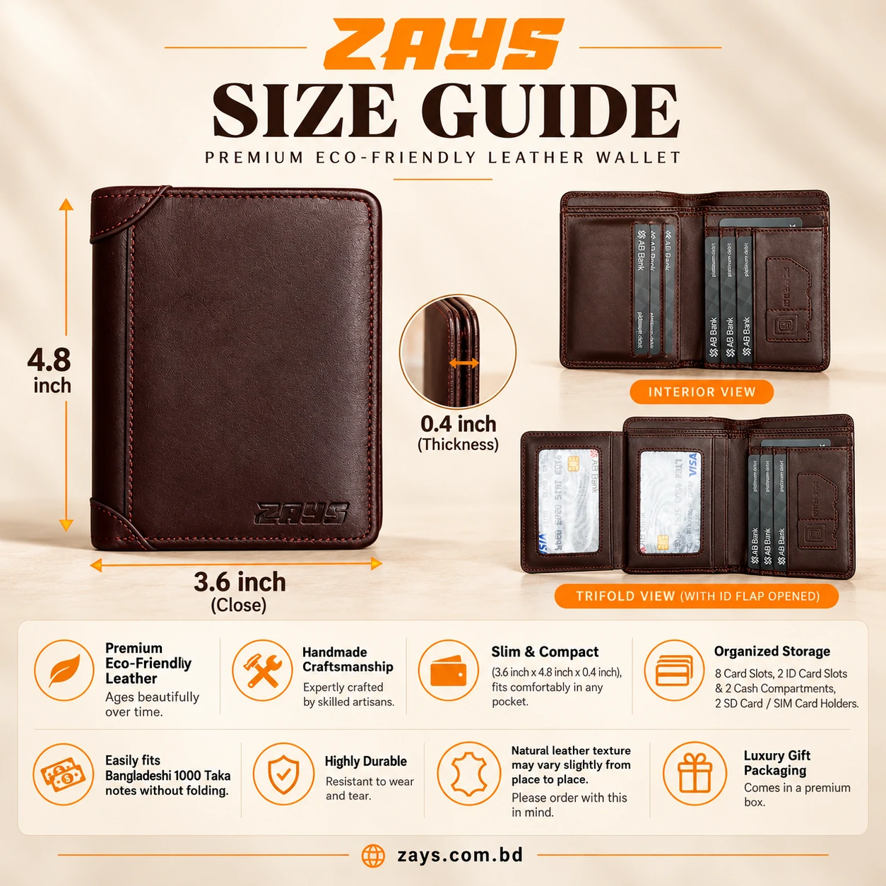 Zays Premium Genuine Leather Trifold Short Wallet for Men – Slim Wallet with Card & ID Holder – W131 - Image 3