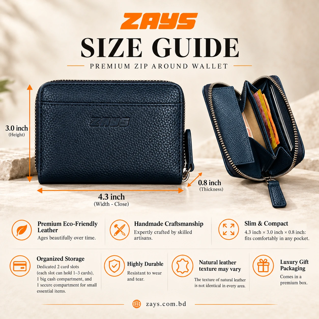 ZAYS Premium Genuine Leather Zip Around Wallet – Compact Card Holder with Zipper Closure- W132 - Image 3