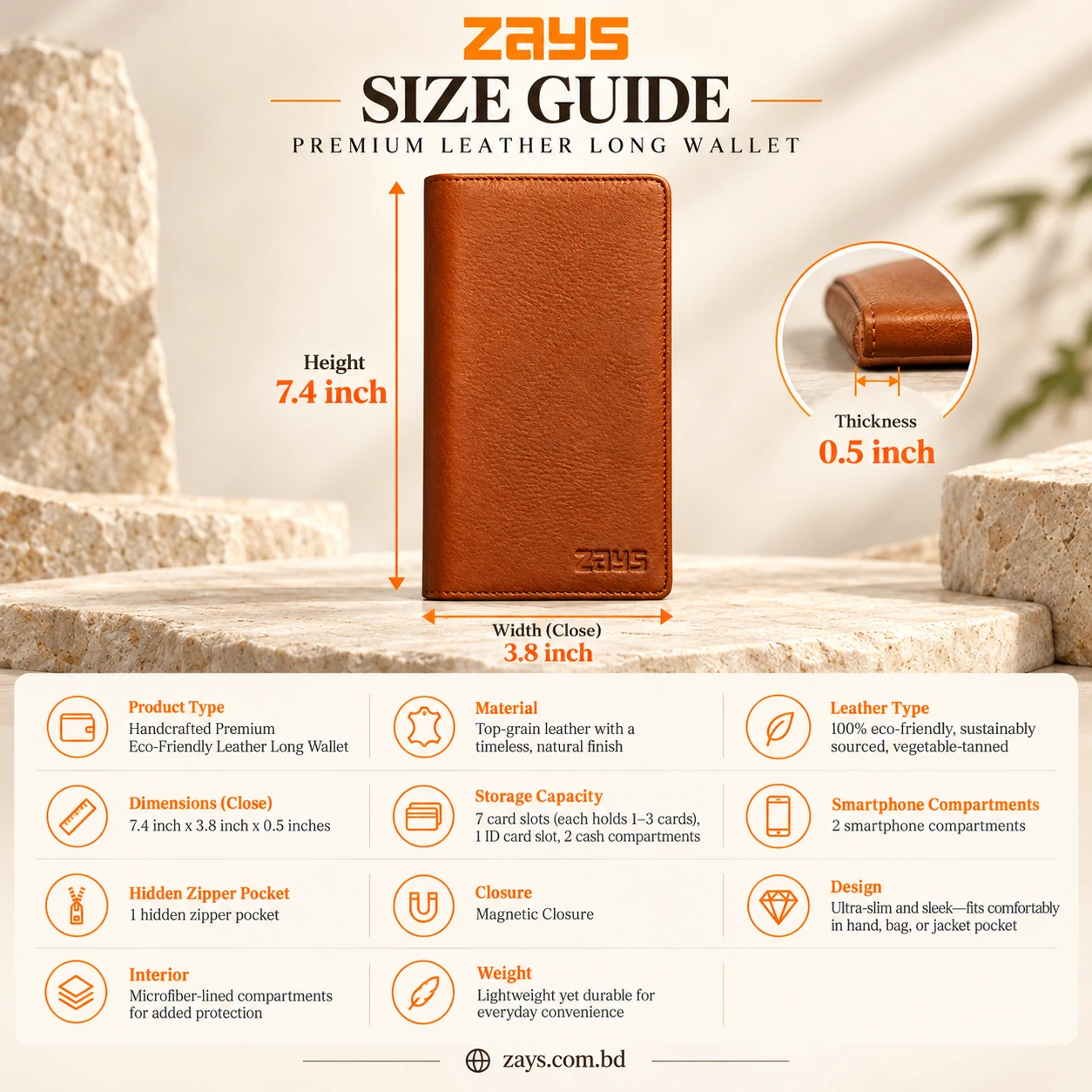 ZAYS Premium Genuine Leather Long Wallet for Men – Slim Mobile & Card Organizer with Magnetic Closure - W127 - Image 3